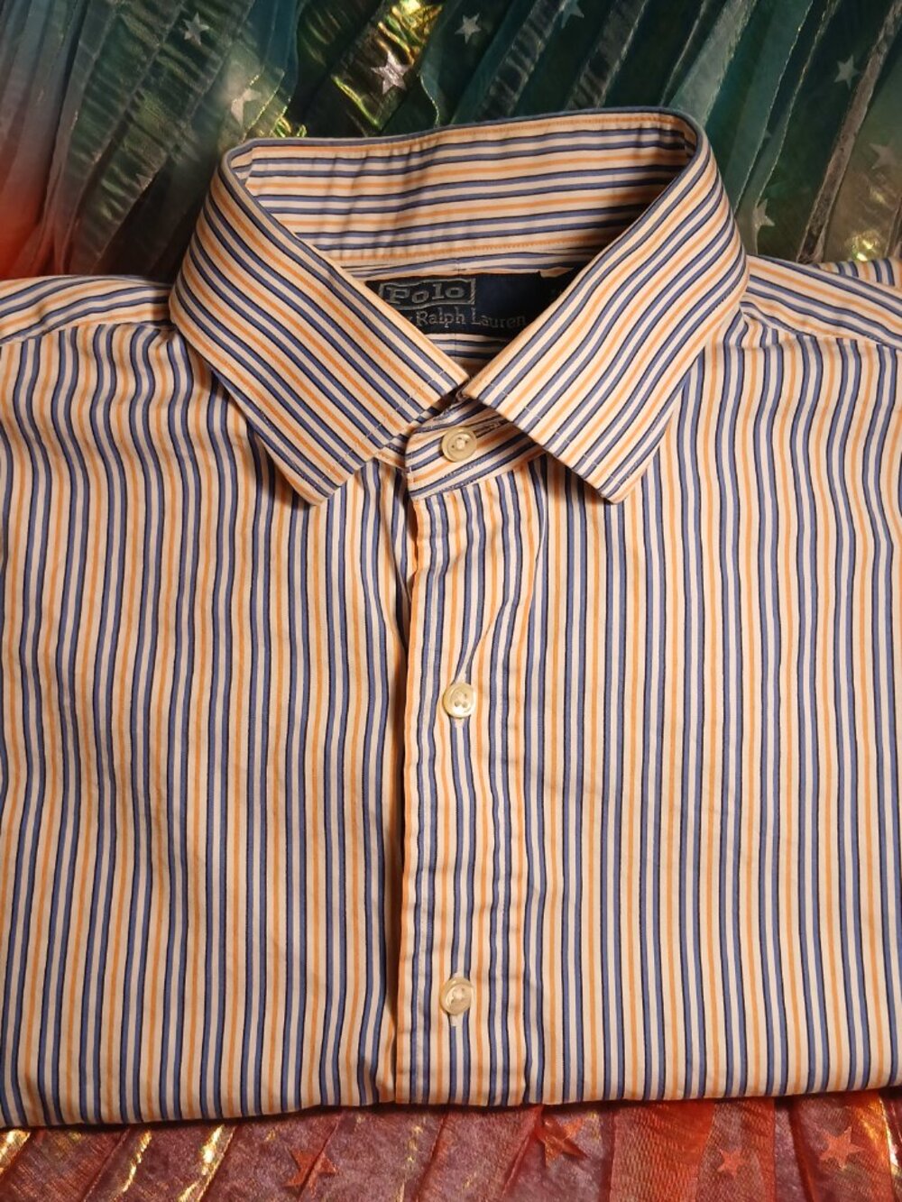 Ralph Lauren Men's Dress Shirt 17 36/37 Blue/Orange Stripe - NO POCKET/NO LOGO